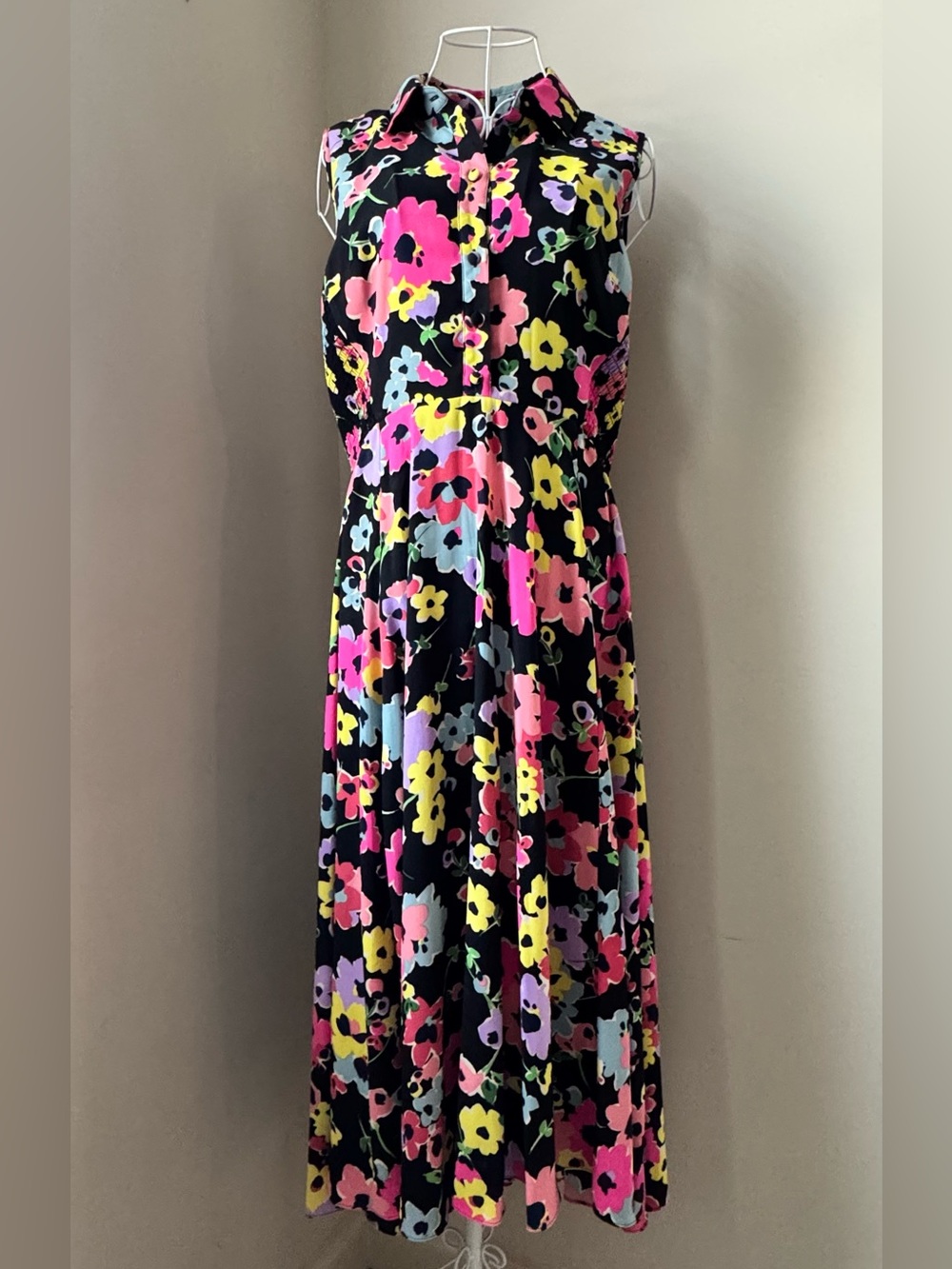 Kate Spade Sleeveless Black Floral Maxi Dress with Pink & Yellow Blooms Size 10
